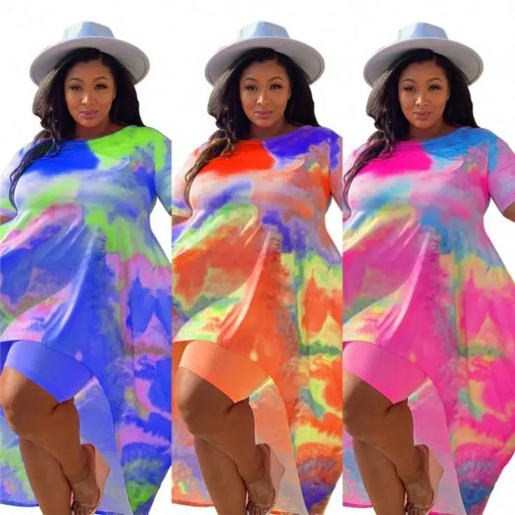 

MISS Amazon 2021 Streetwear Tie Dye Loose Top And Skinny Shorts Womens Two Piece Set Summer Women 2 Piece Shorts Set