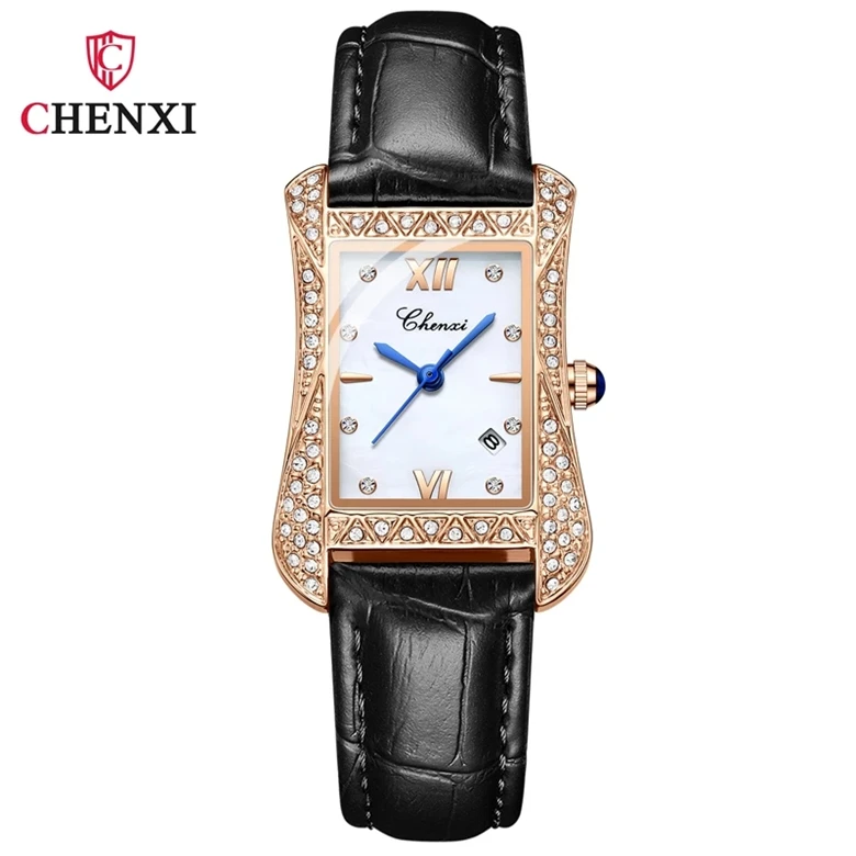 

CHENXI 2021 New Women's Watches Luxury Rose Gold Square Diamond Watch Women Genuine Leather Quartz Wristwatch Gifts For Women