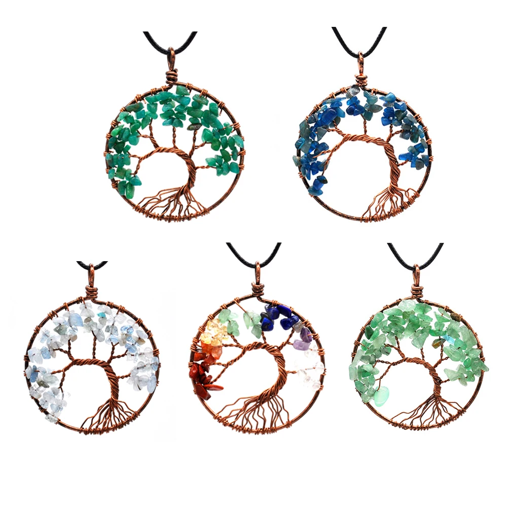 

Custom Jewelry Chakra Crystal Tree of Life Pendant Necklace Brass Wire Crystal Natural Stone Necklace Reiki Pendants Women Gift, Optional