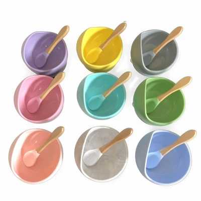 

Fusimai Baby Silicon Bowls Kids Custom Logo Silicone Bowl And Wooden handle Spoon Set, Customized color