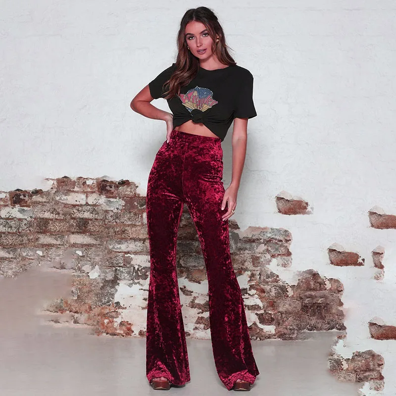 

Leisure Fashion Soft Ladies High Waist Flare Leg Velvet Bell Bottom Women Pants, Red,black