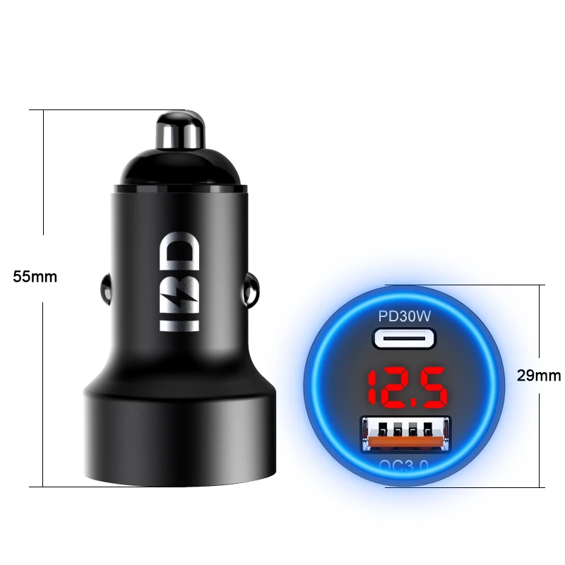 

IBD 2020 new arrival Hot sale 24W QC3.0 PPS Fast charging Mobile Phone Car USB Charger WIth Blue Ring, Black