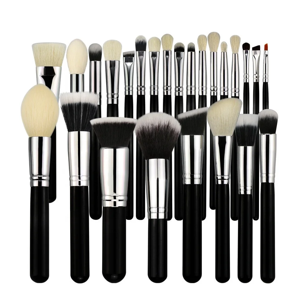 

BEILI natural bristles 25 PCS Professional Black Makeup Brushes Set Without Logo Private Label face brush set shinny handle