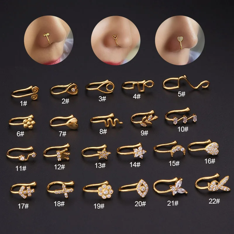 

2022 New fashion clip nose fauxe piercings multi designs butterfly and cross gold plated nose rings for women men jewelry