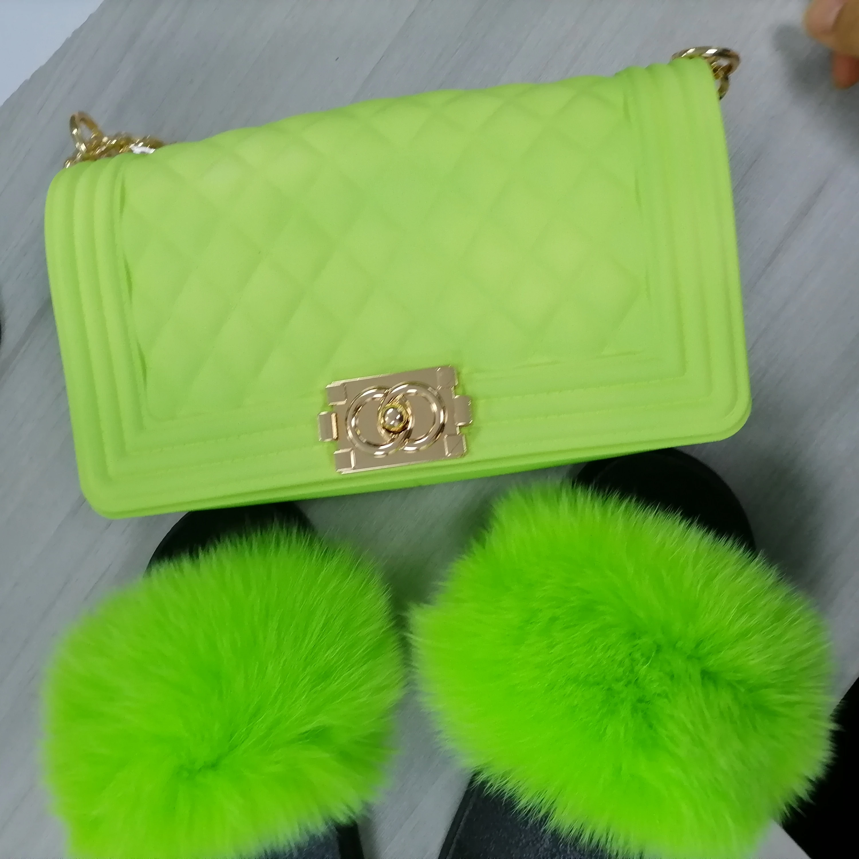 

GW Wholesale ladies fashion rainbow Fur slide body bag collection jelly wallet and shoes collection for ladies, Rich colors