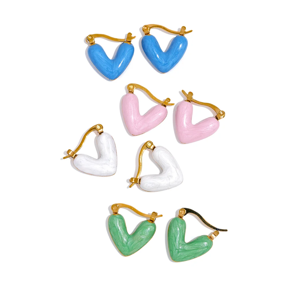 

JINYOU 2458 Green White Pink Blue Enamel Stainless Steel Heart Hollow Candy Hoop Earrings Cute Charm Stylish Jewelry Gala Gift