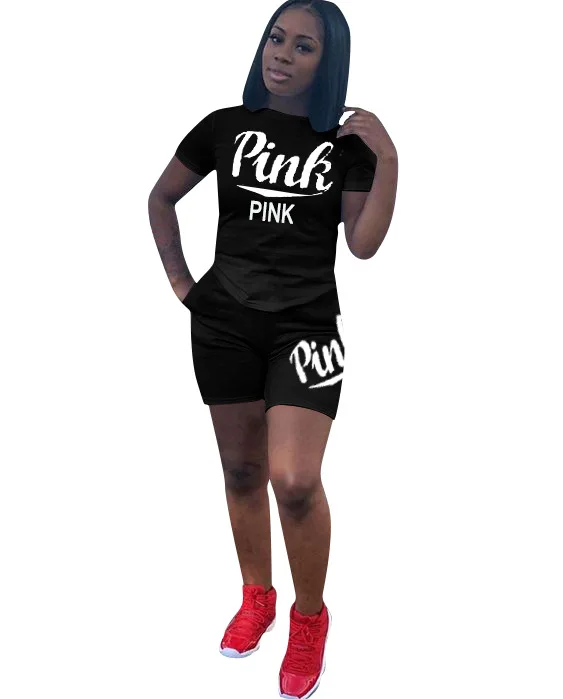 

New Arrival Fashion Pink Letter 2pcs Sexy Women Casual Print O-neck T-shirt And Shorts 2pcs Sets Tracksuit Outfits Overall, Beidge/yellow/black/orange/red/green