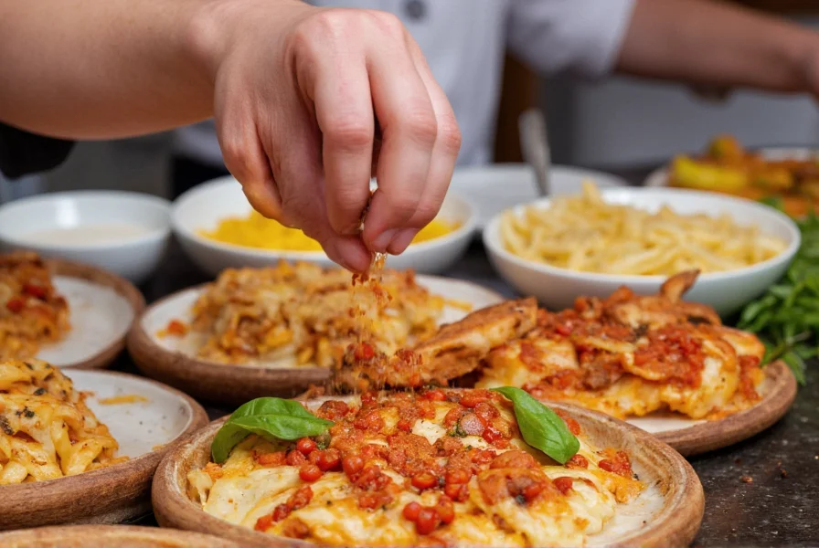 Chef's hand sprinkling various chili substitutes onto different dishes including pizza, pasta, and stir-fry