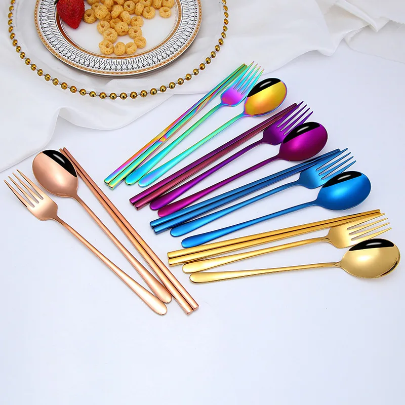 

New Korean Style 304 Stainless Steel Flatware Metal Travel Portable Spoon And Fork Chopsticks Sets, Customized