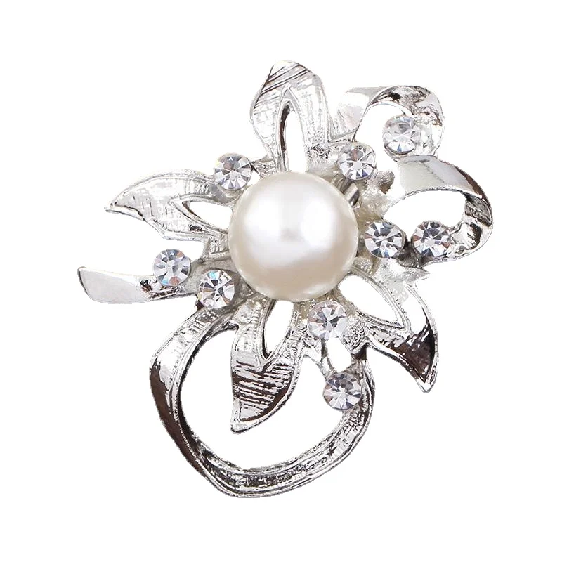 

High Quality Sleek Shining Big Simulated Pearl Rhinestone Flower Silver-color Brooches for Women Brooch Lapel Pins Jewelry