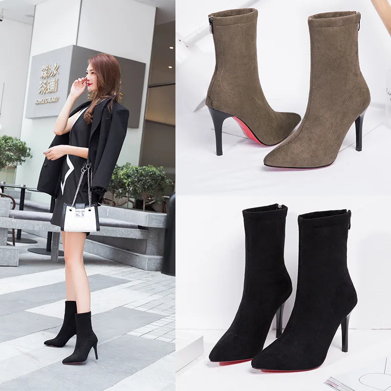 

Women's shoes pointed toe mid-tube boots women's high-heeled nude boots Europe and the United States winter new suede all-match, Different colors and support to customized
