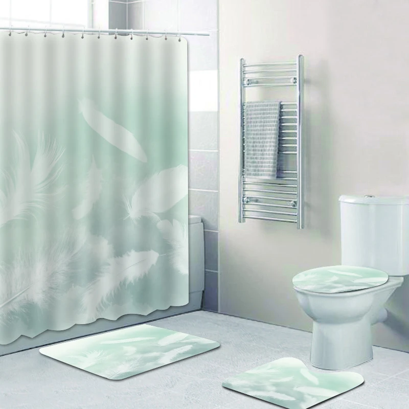 

180x180cm customizable simple white feather partition bathtub shower curtain bathroom non-slip floor mat four-piece toilet set, Picture