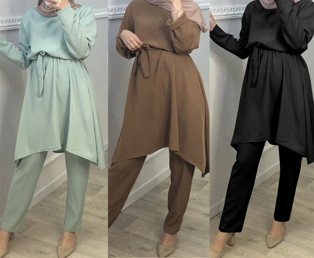 

High Quality Women Fashion Free Shipping 2020 Dubai Islamic Clothing Muslim Pants Set For Casual Wear, Green.brown.black