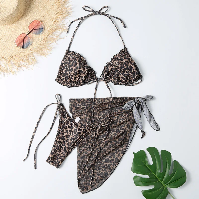 

2021 new split print mesh three piece swimsuit 3 piece bikini set swimsuit with cover ups