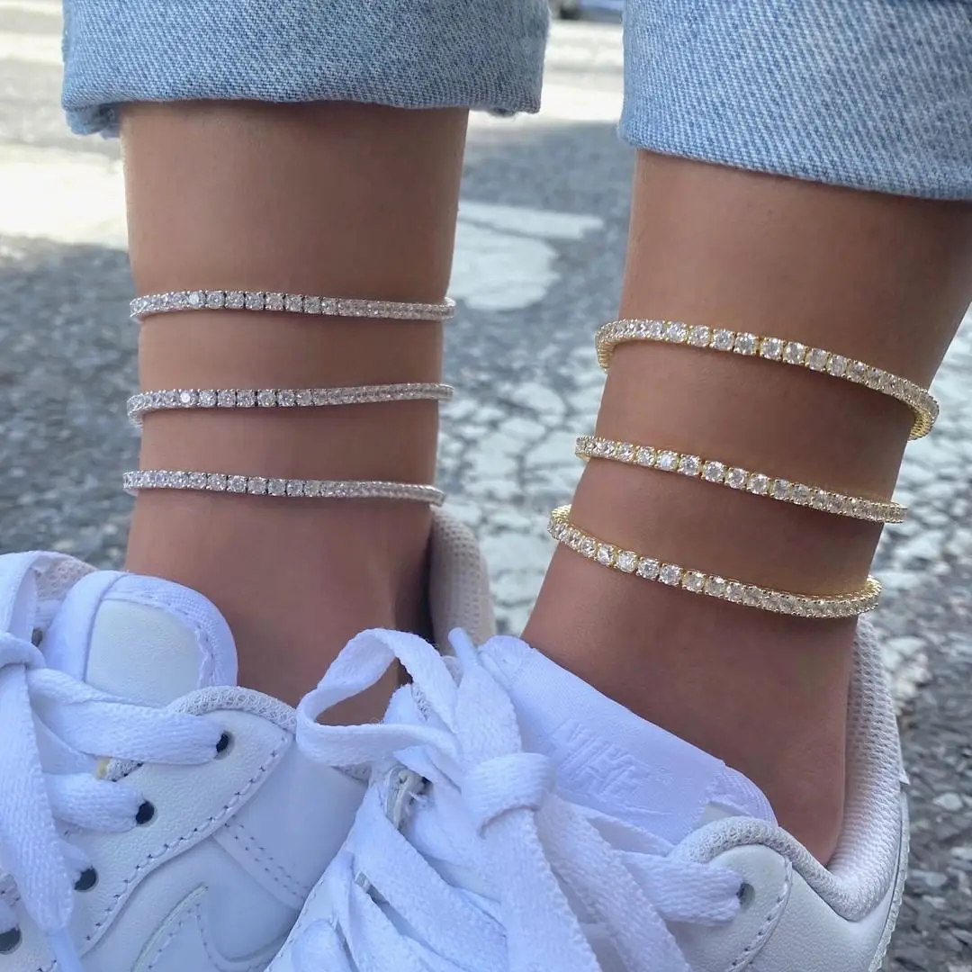 

3mm tennis chain anklet 2020 summer beach jewelry ice girl women 5A cz silver gold pink leg chain