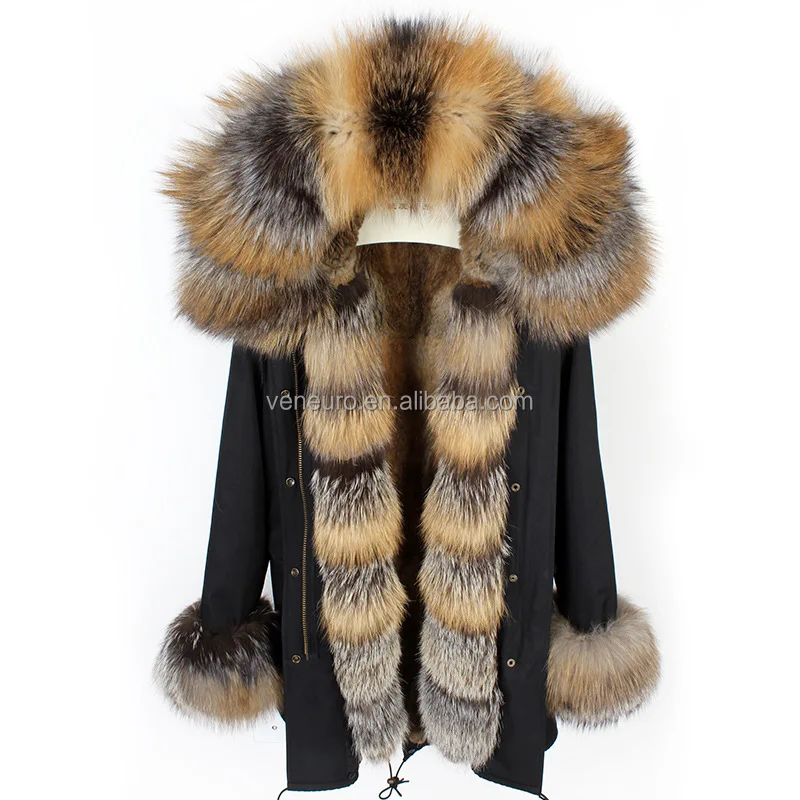 

Wholesale Ladies Winter RACCOON Fur Collar Long Rex Fur Lining Women Fox fur Hooded Coat Jacket, Red, black, silver, pink
