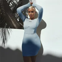 

2019 Autumn Winter New Clothing Women Round Neck Long Sleeved Slim Waist Sexy Pack Hip Long Bandage Dress One Piece Set