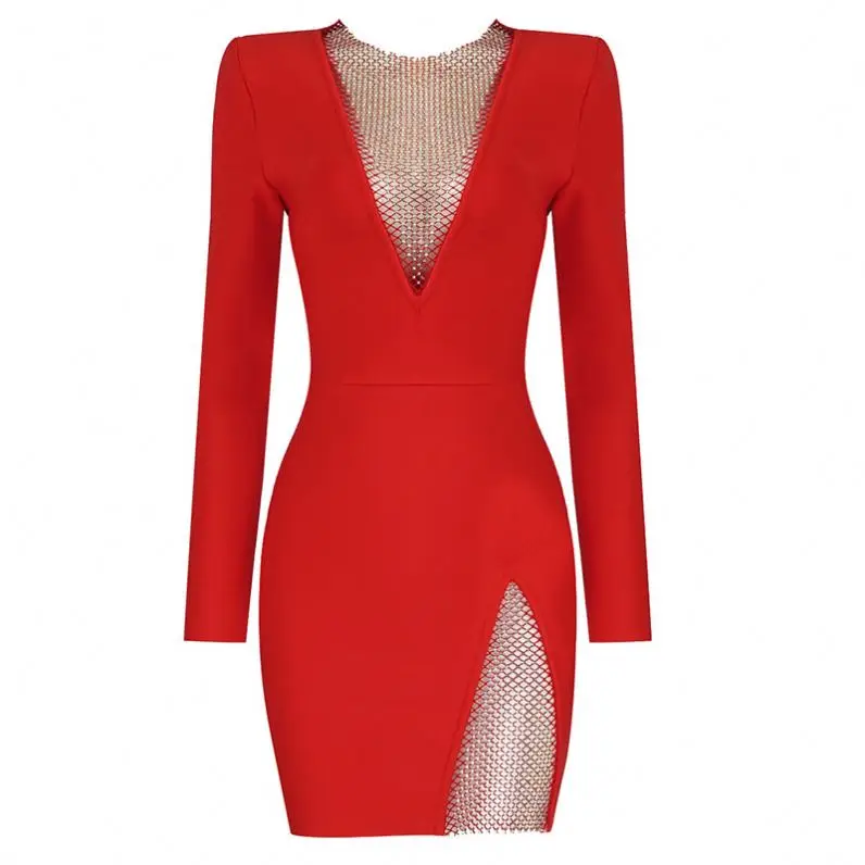 

C2445 Trendy Red White Long Sleeve Mesh Diamonds Ladies Party Dresses Women, Black