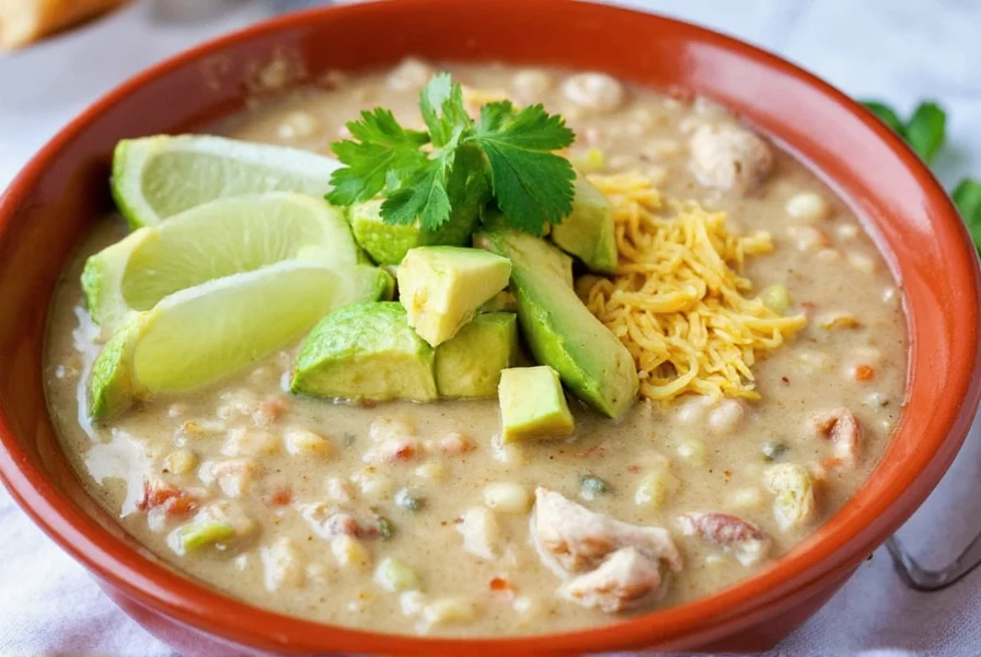 White chicken chili served in bowl with various toppings including avocado, cilantro, and lime wedges