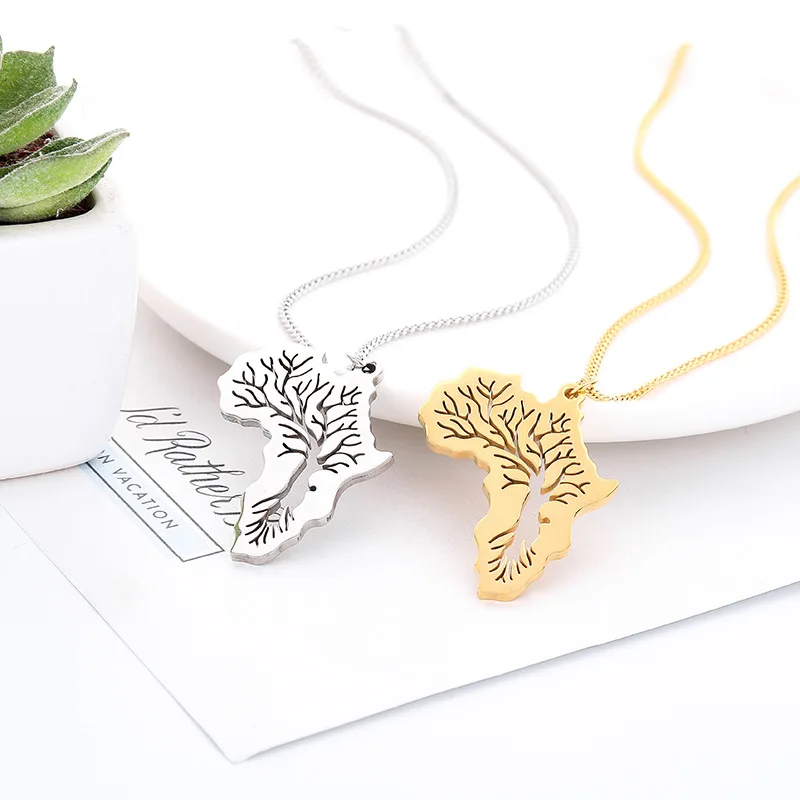 

HONGTONG Factory Outlet Amazon Hot Sale Africa Map Tree of Life Stainless Steel Pendant Personality Hip Hop Necklace, Picture shows