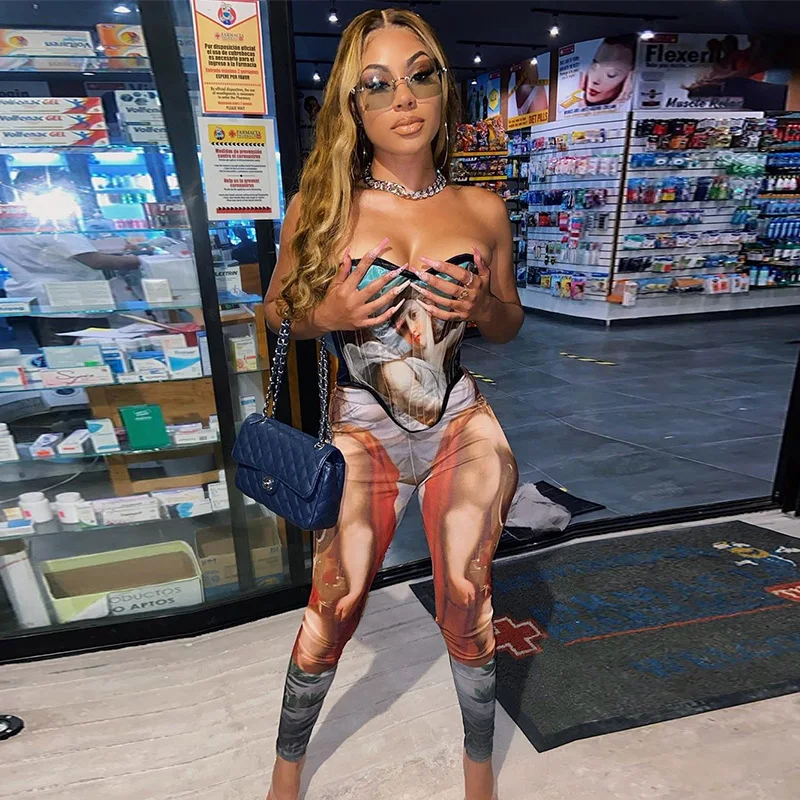 

2021 New Wholesale Womens Boutique Clothing Sleeveless Cold-shoulder Myth Print Waist Seal Jumpsuit 2 Piece Set Women Clothing