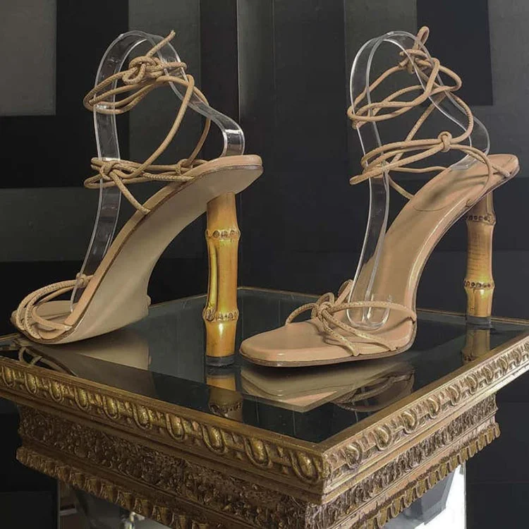 

Luxurious Brand Customized Design Ankle Strap and Bamboo Heel Sandals for Women