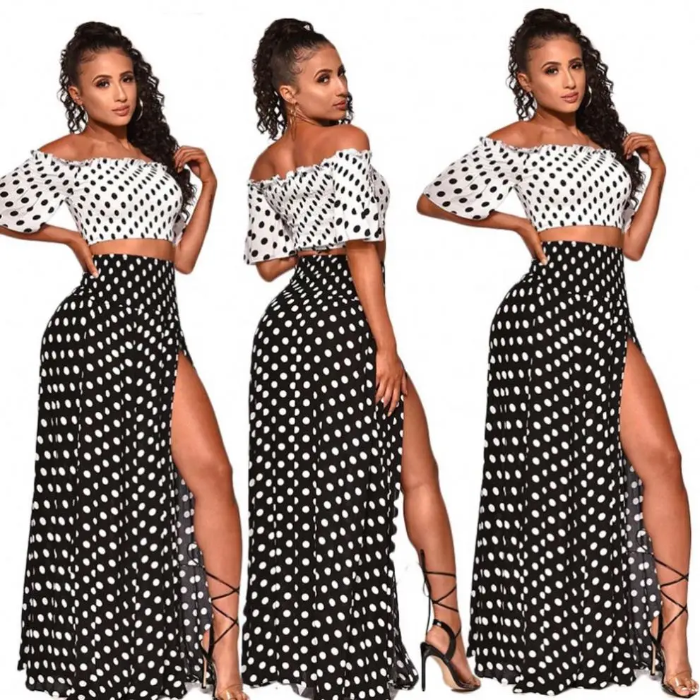 

Summer Beach Wear Polka Dot Off The Shoulder Crop Top And Sexy Maxi Skirts Women 2 Piece Set, As photo showed