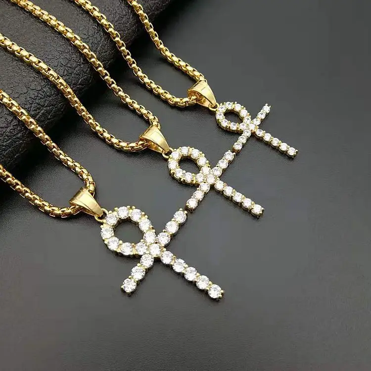 

High quality Stainless Steel Egyptian Life Key Ankh Cross Pendant CZ Gold Plated Necklace