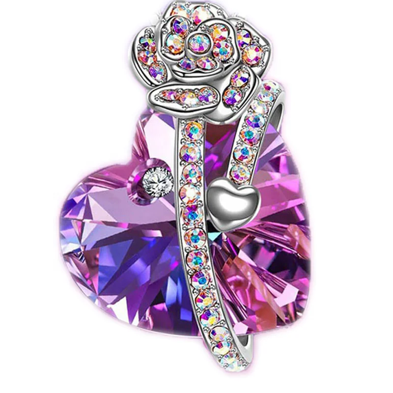 

Fashion Heart Shaped Purple Crystal Necklace Flower Austrian Crystal Necklace Wedding Anniversary Birthday Gift Women Pendant