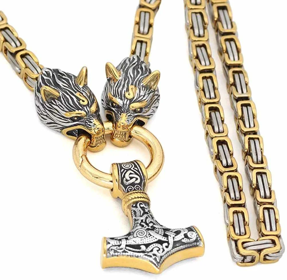 

Men Wolf Head Norse Viking Amulet Thor Hammer Stainless Steel King Chain Pendant Necklace