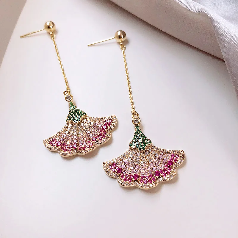 

Real Gold Plated Fan Shape Dangle Colorful Rhinestone Earrings Women Crystals Long Chain Pendant Earring Jewelry