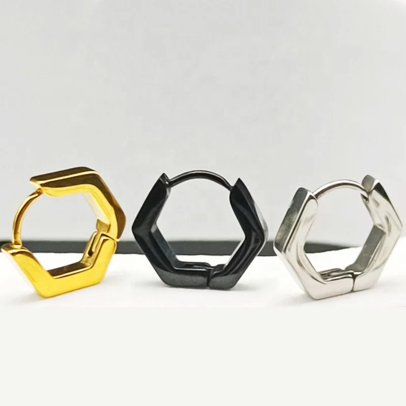 

Trendy Jewelry New Design Geometry Unique Hexagon Stainless Steel Plated Gold Filled Huggie Hoop Earrings For Women