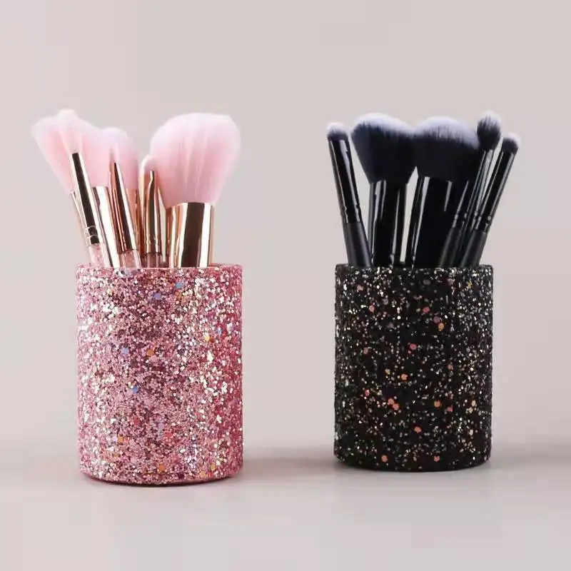 

Fashion glitter PU Makeup Brush Cylinder Storage Case shining blingbling cosmetic Make Up Brush Holder, Pink or black