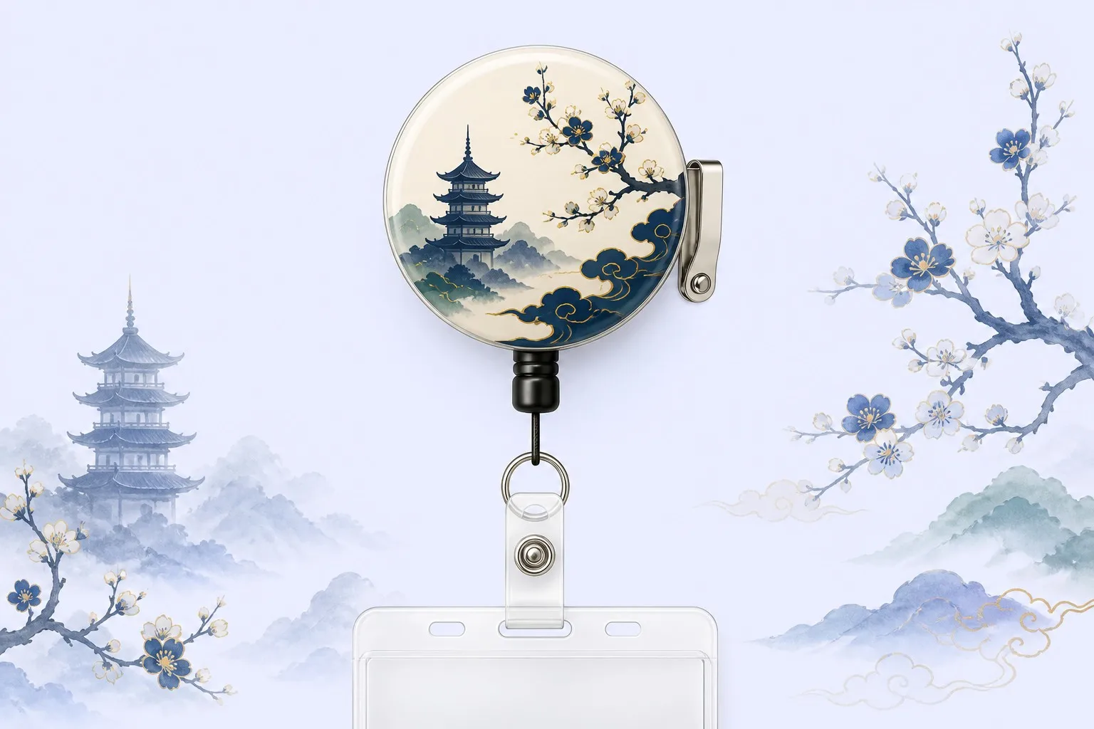 Retractable badge reel with pagoda and plum blossom artwork, opening scene