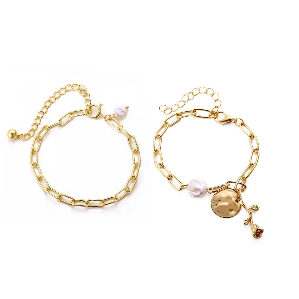 

2Pcs/set Flower Round Charm Bracelet new pearl round rose bangle Trendy Jewelry for Female, Picture shows