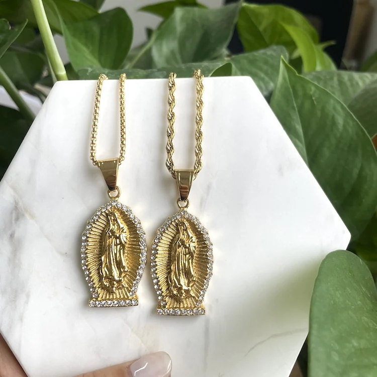 

jialin jewelry 2021 ins new fashion gold filled jewelry 18k virgin mary necklace mother mary pendant around diamond