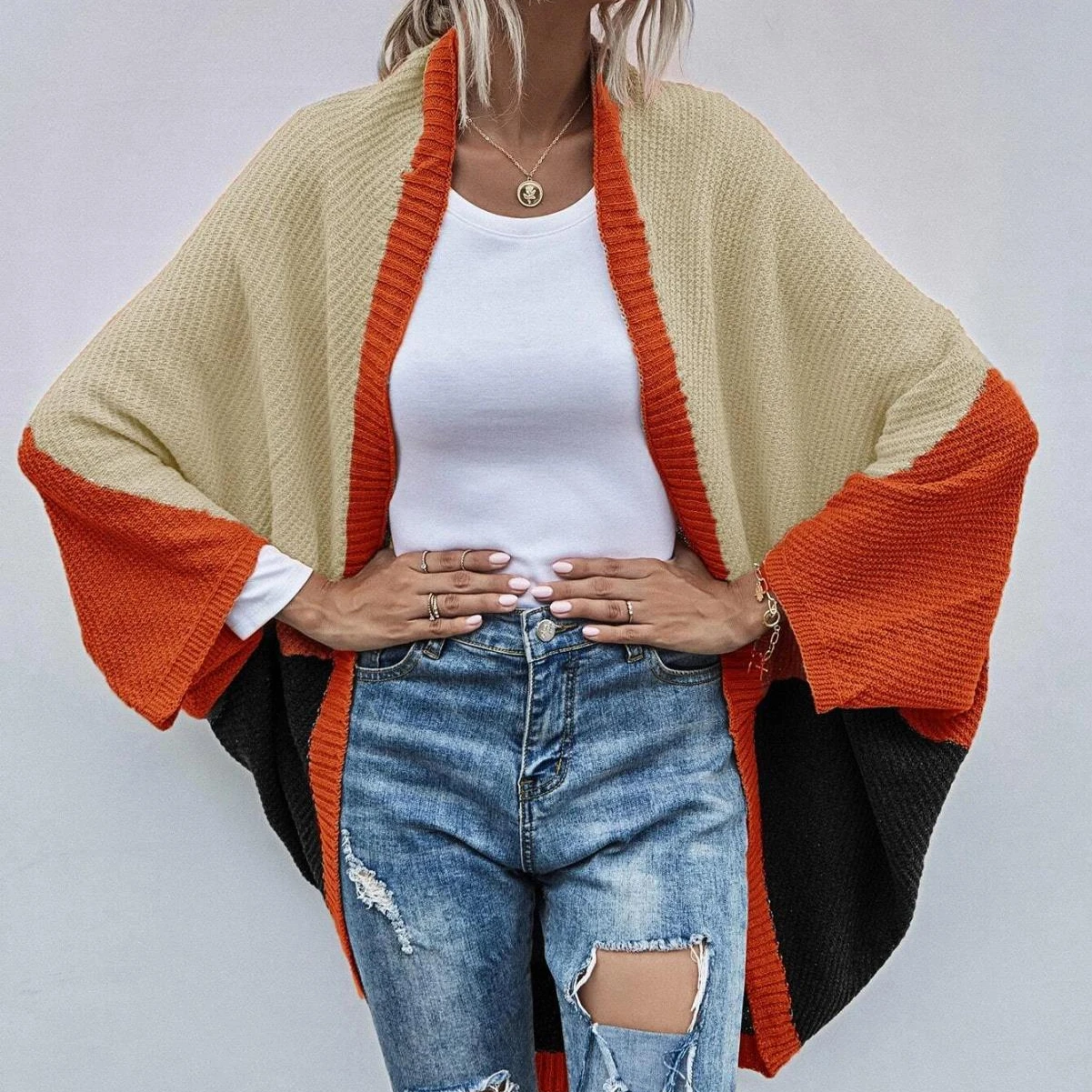 

Hot Selling Lady Fall Winter Color Block Knit Women Confetti Bales Batwing Shawl Cardigan