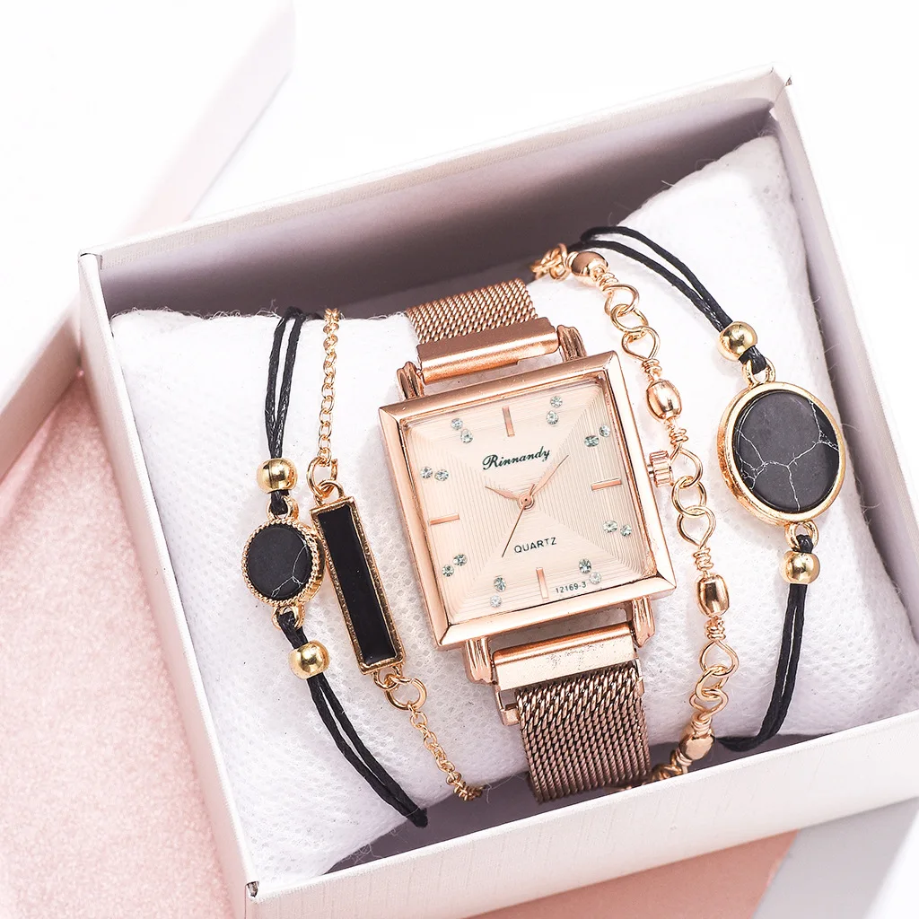 

9709 Fashion Watch Set Women 5pcs Woman Quartz Wristwatch Magnet Watch Set Gift Set For Women