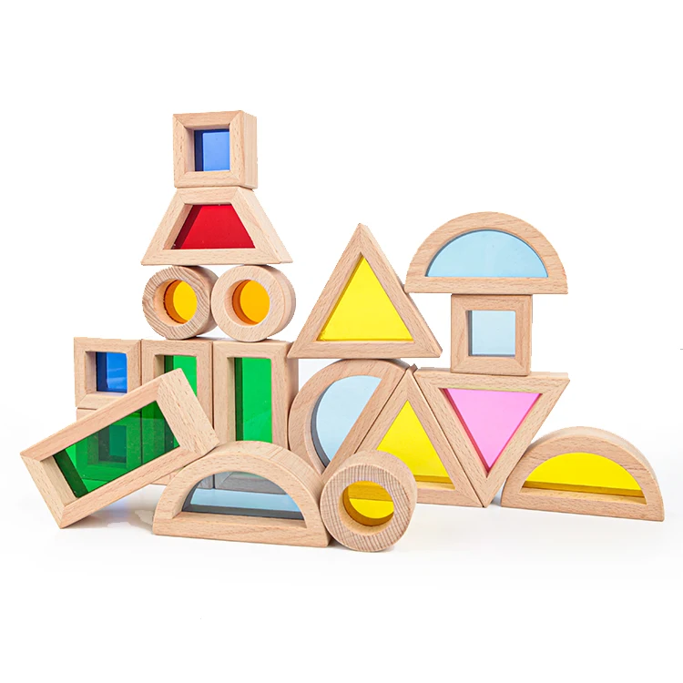 

Factory Direct Sale Educational Colorful Stacking Acrylic Building Montessori Wooden Geometric Shape Rainbow Block Toy For Kids