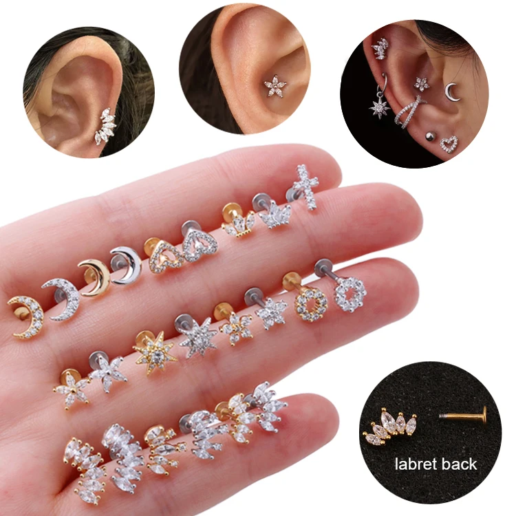 

Hypoallergenic stainless steel gold plated pierced ear labret lip flat back earring tragus helix cartilage piercing jewelry