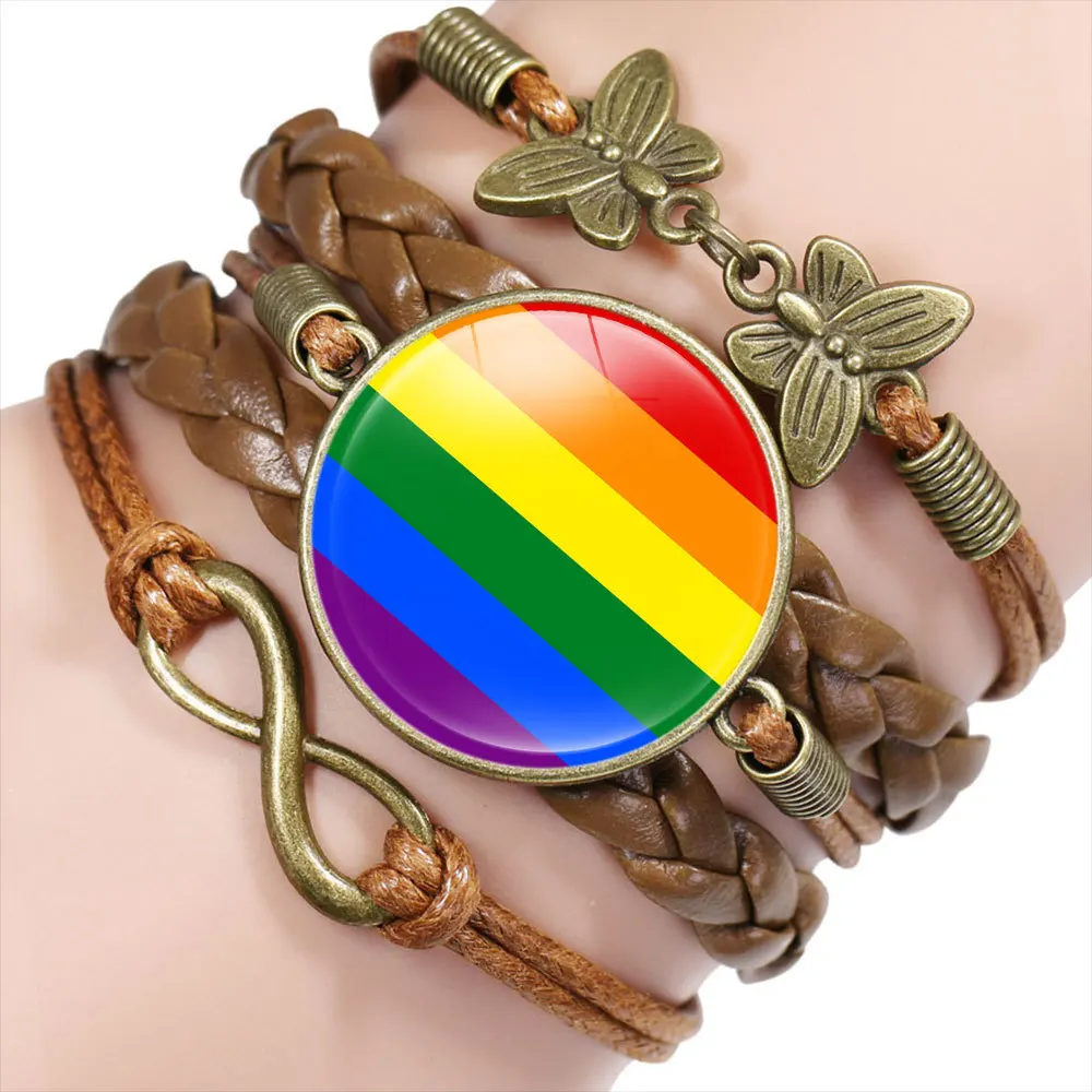 

wholesale glass alloy charm lgbt party gay pride rainbow bracelet multilayer leather bracelet