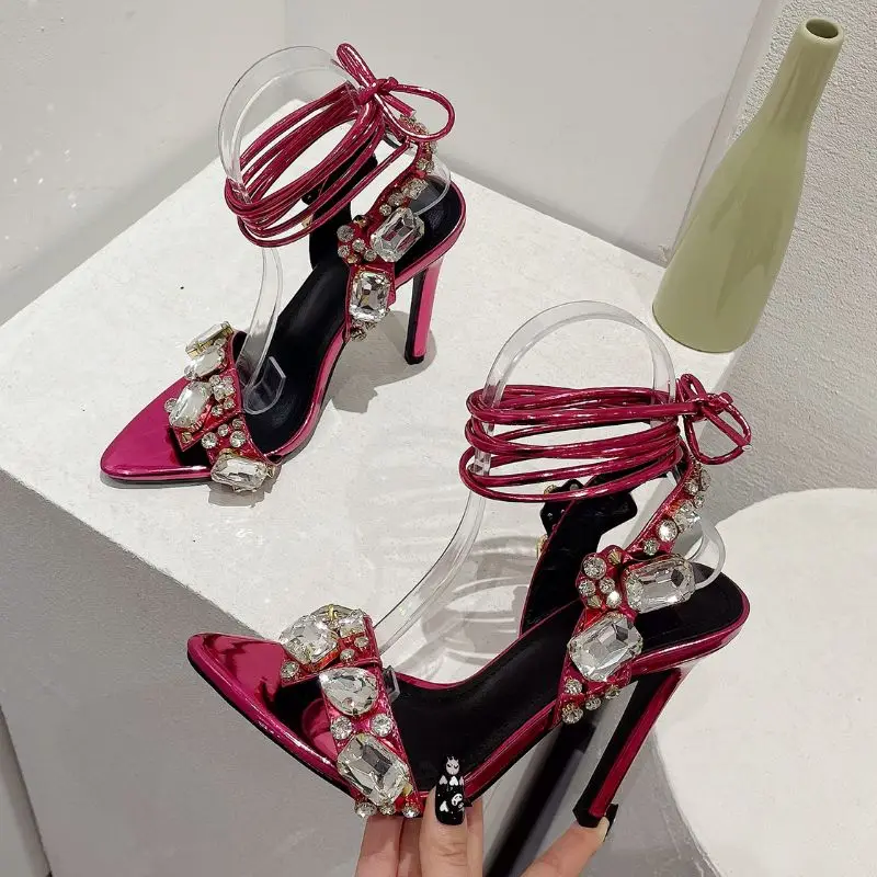 

8.5CM Sexy Talons Aiguilles Luxury Rhinestone Diamond Sandals Lace-up Heels for Ladies