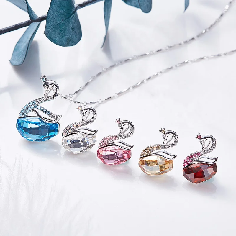 

Wholesale Hot Sale Jewelry Swan 925 Sterling Silver Crystal Necklace Pendant for women, Blue/champagne/red/pink/silver