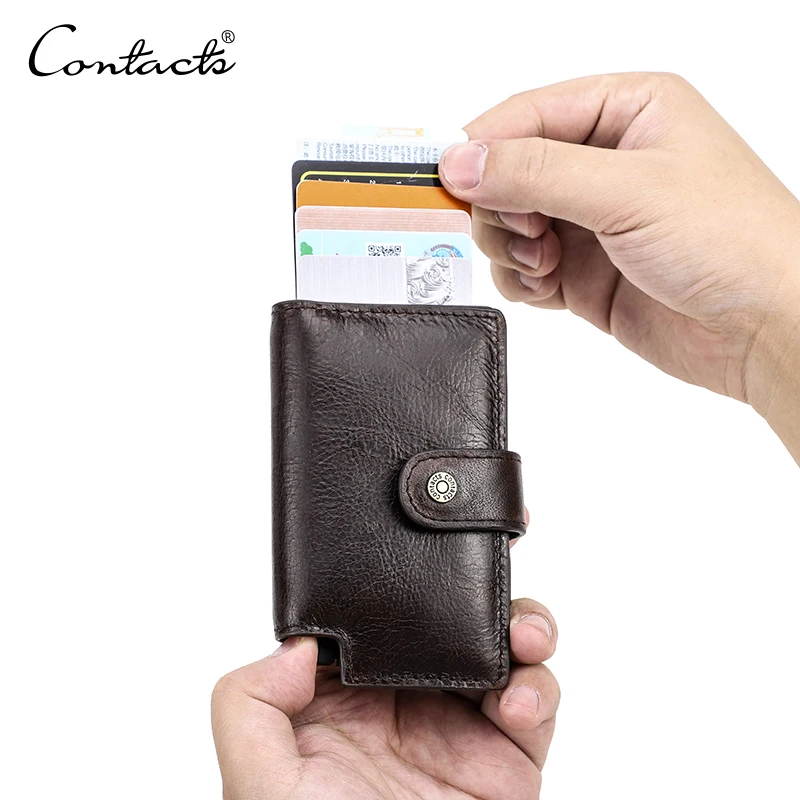 

CONTACT'S Pop Up Quick Credit Card Access Men RFID Blocking Slim Leather Card Wallet with Zipper Coin Pocket, Coffee or customized