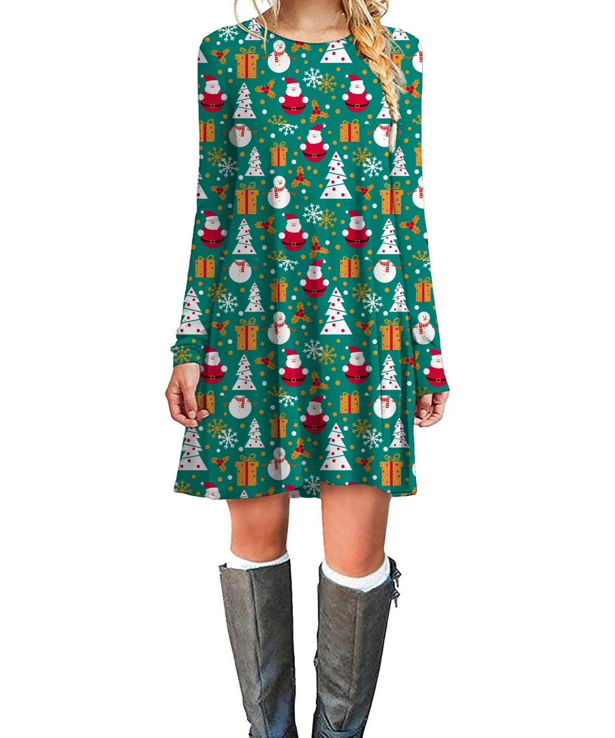 

2021 Fall Christmas Cotton Basic Women's Casual Plain Fit Flowy Simple Swing T-Shirt Loose Tunic Dress, Print