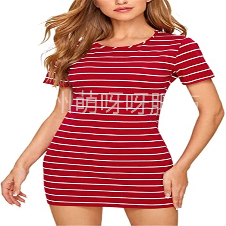 

Cross-border 2021 Amazon Europe and America summer new women's casual short-sleeved striped slim T-shirt loose dress, 5 colors