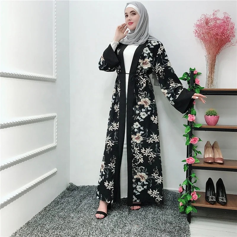 

Fashion Dubai Caftan Kaftan Turkish Black Islamic Clothing Print Muslim Dress For Women Floral Cardigan Muslim Dress