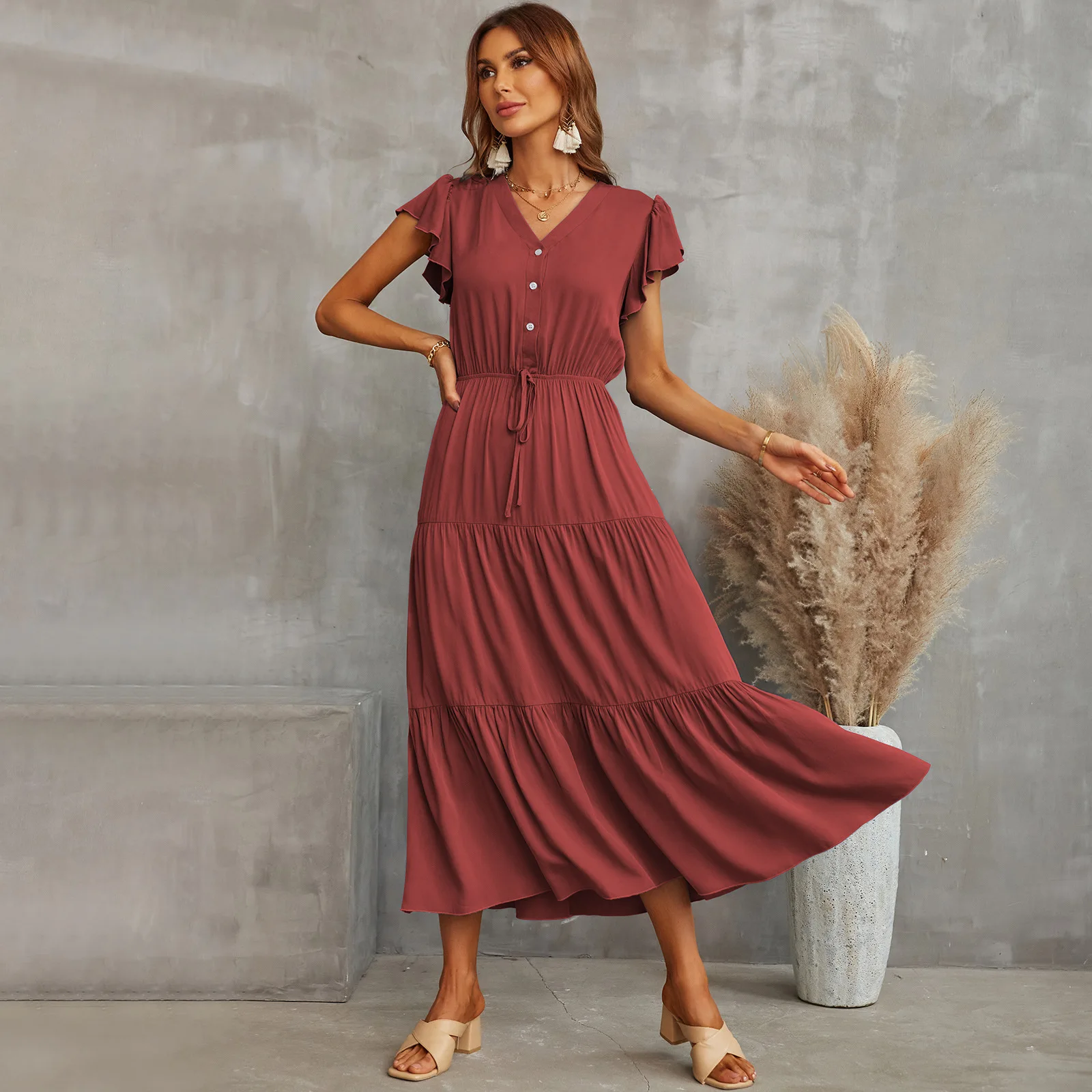 

Summer Beach Dress Womens Sundress Sexy Ruffle Sleeve Button Casual Dresses Women Midi Vestidos Red Robe C14503