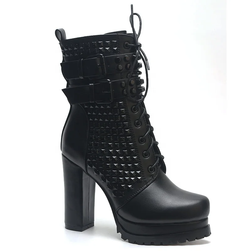 

2020 latest design black lace up high heel ankle boots buckle chunky heel zipper platform boots for women