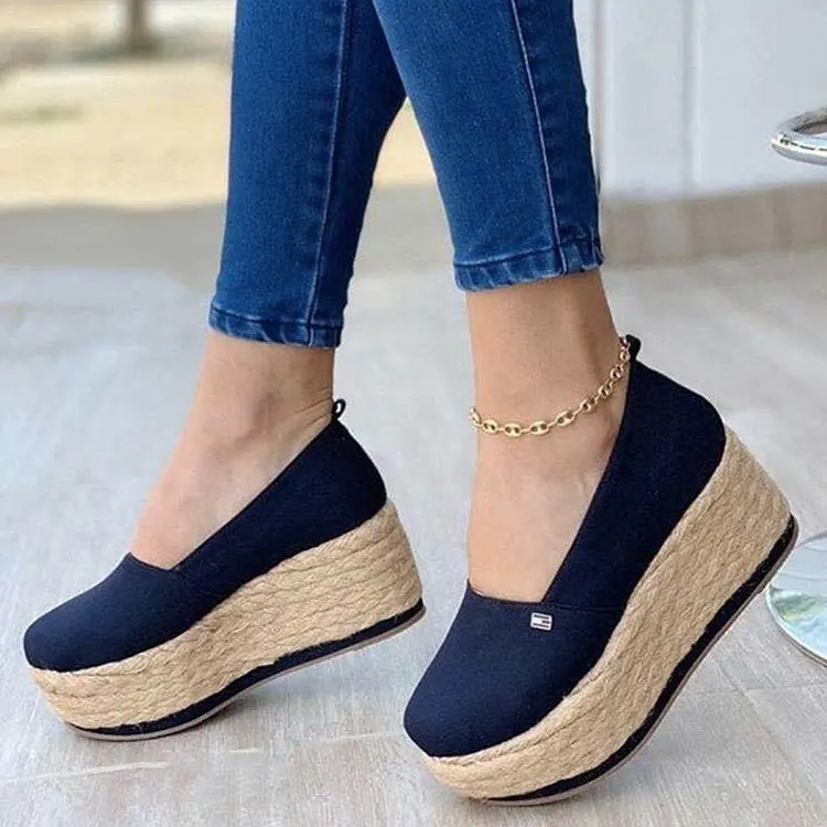 

European and American autumn 2021 plus-size casual shoes ladies thick wedge hemp rope sole pumps shoes, Customized color
